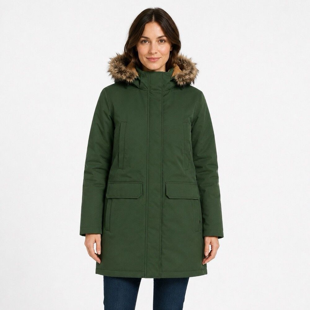 Lands’ End Faux Fur Hooded Down Winter Long Parka Coat Women M Green 600 FillNEW